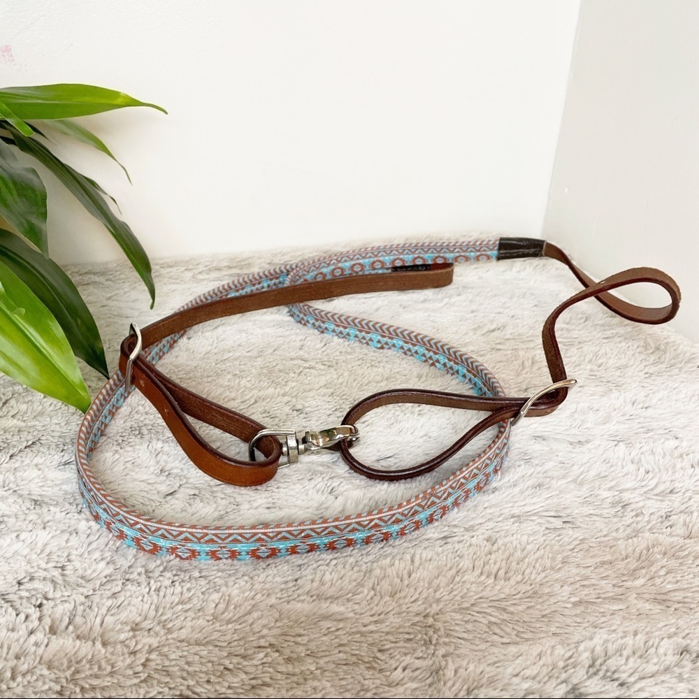 Leather Long Stitched turquoise belt or purse strap with clasp